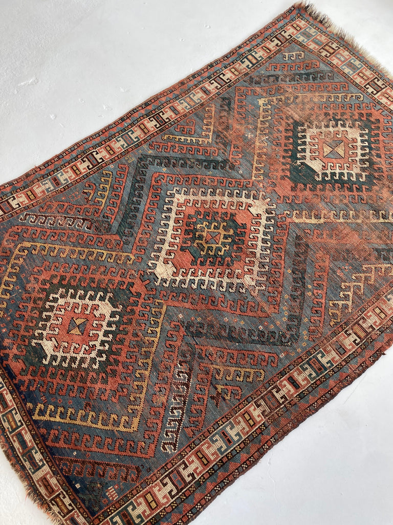 SENSATIONAL SKY BLUE Antique Caucasian Rug with Ram Horn Outlined Diamonds with Terracotta, Emerald Green, & Wheat Hues  | 4.4 x 6.4