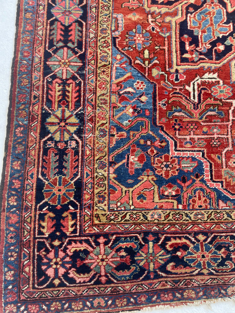SOLD | TRIBAL DREAM with Eagle Finials | Antique Heriz in Denim, Water and Sky Blue, Salmon, Coral, Green | 8.4 x 10.8