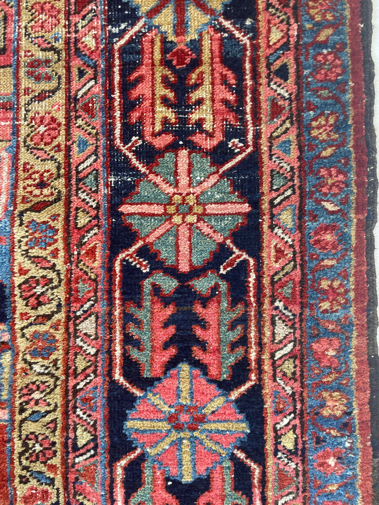 SOLD | TRIBAL DREAM with Eagle Finials | Antique Heriz in Denim, Water and Sky Blue, Salmon, Coral, Green | 8.4 x 10.8