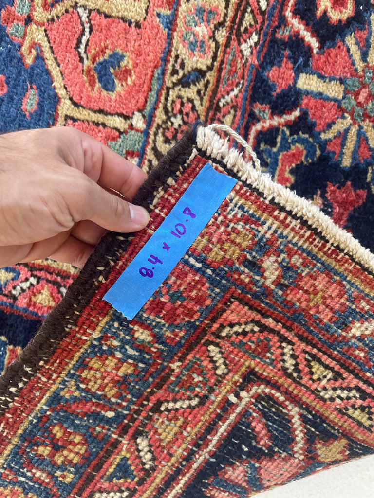 SOLD | TRIBAL DREAM with Eagle Finials | Antique Heriz in Denim, Water and Sky Blue, Salmon, Coral, Green | 8.4 x 10.8
