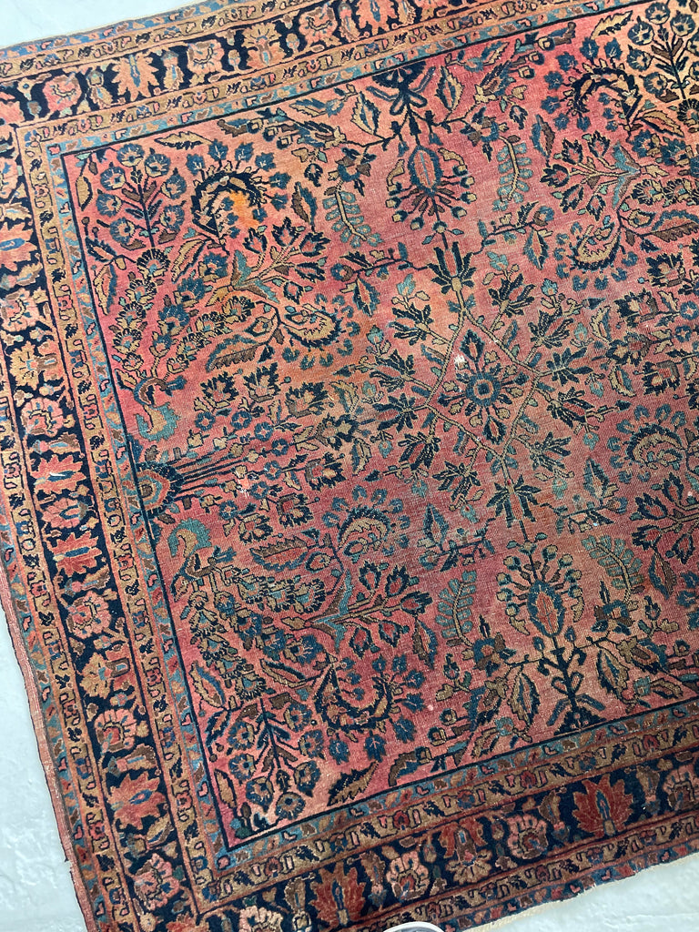 SOLD | RARE SQUARE | Moody Botanical Antique Square Rug with Blush, Salmon, Apricot & Berry | 4 x 4