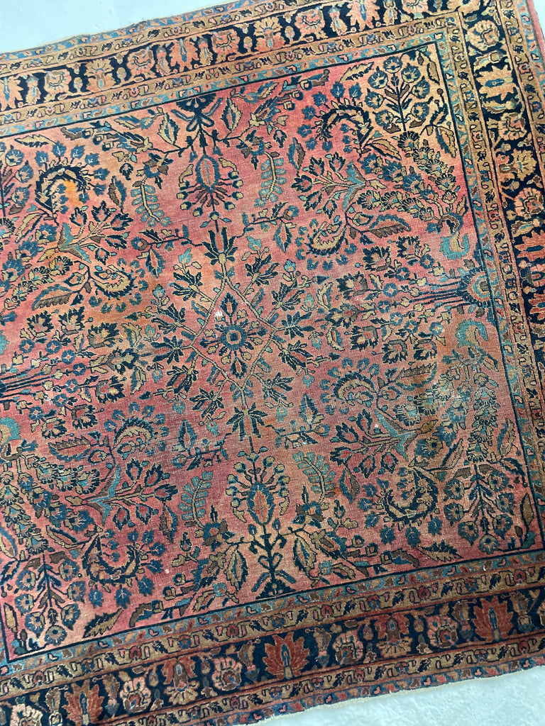 SOLD | RARE SQUARE | Moody Botanical Antique Square Rug with Blush, Salmon, Apricot & Berry | 4 x 4
