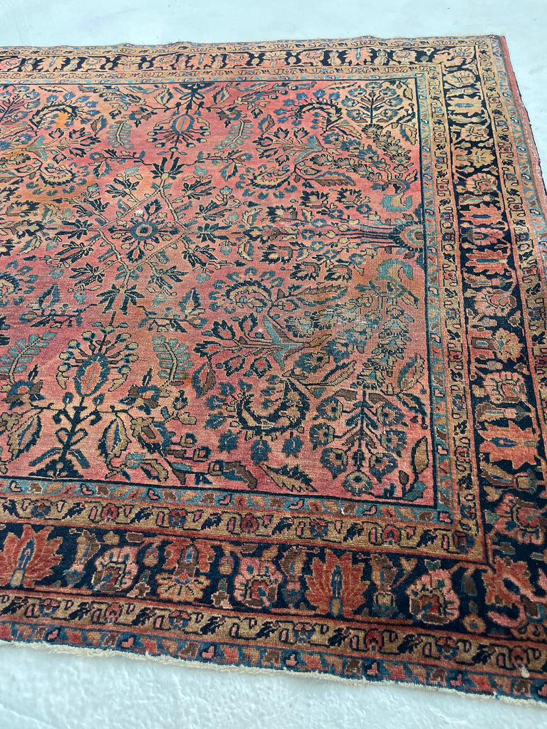 SOLD | RARE SQUARE | Moody Botanical Antique Square Rug with Blush, Salmon, Apricot & Berry | 4 x 4