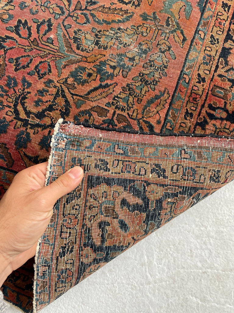 SOLD | RARE SQUARE | Moody Botanical Antique Square Rug with Blush, Salmon, Apricot & Berry | 4 x 4