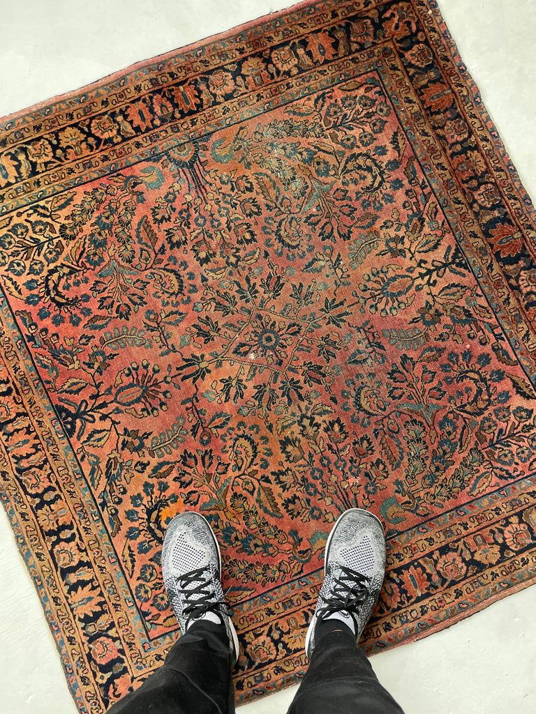 SOLD | RARE SQUARE | Moody Botanical Antique Square Rug with Blush, Salmon, Apricot & Berry | 4 x 4