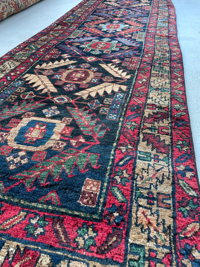 SOLD | GORGEOUS Plush & Narrow Antique Runner with "Feather Motif" | Very Unique runner with Ice Blue, Ink, Camel, Mallard Green, Denim, Pistachio, Copper | 2.10 x 10.4