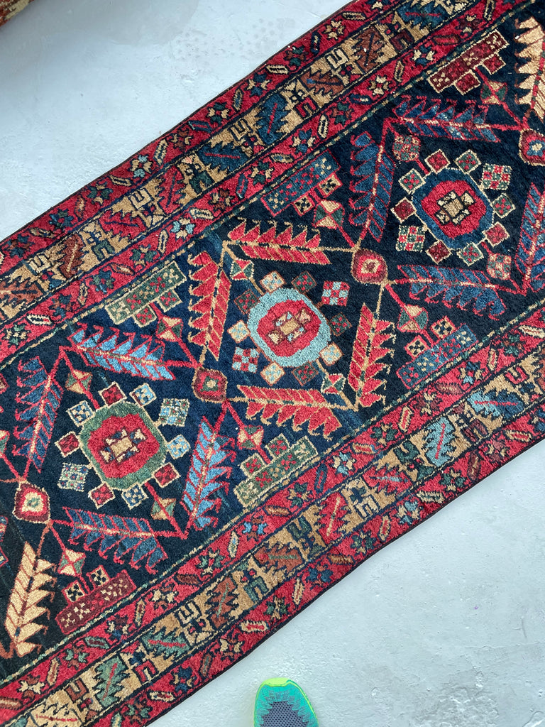 SOLD | GORGEOUS Plush & Narrow Antique Runner with "Feather Motif" | Very Unique runner with Ice Blue, Ink, Camel, Mallard Green, Denim, Pistachio, Copper | 2.10 x 10.4