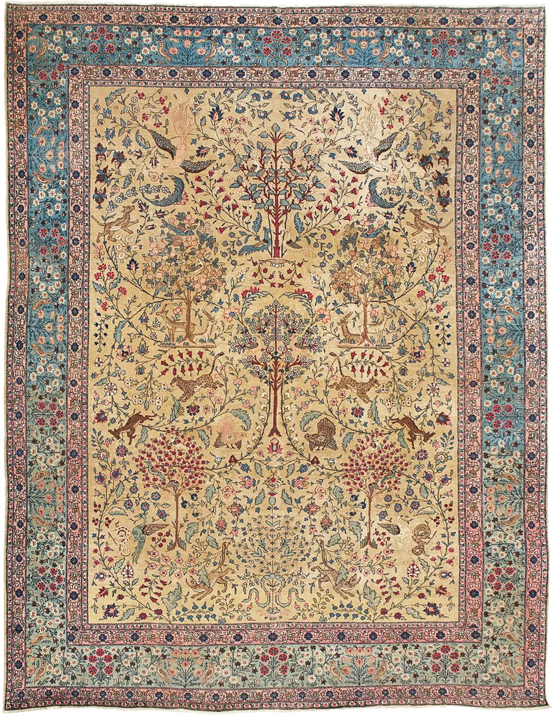 RARE PARADISE TREE OF LIFE TABRIZ with Phoenix, Leopards, Fawn, & Roosters | Camel Ground & Bakshayesh Blue Border | UNREAL | 9.8 x 13