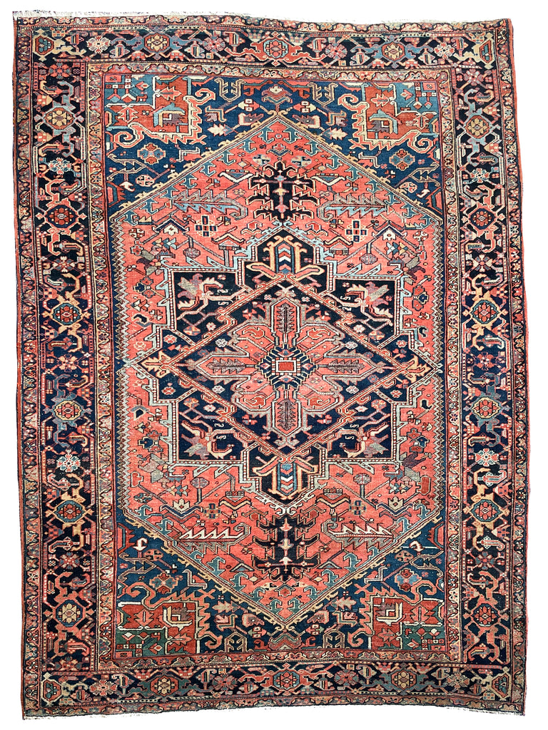 SOLD | SWOONING Watermelon & Denim Blue Antique Persian Heriz | INCREDIBLE PIECE | 7.9 x 10.8