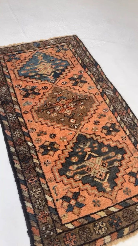AMAZING Antique Kurdish GEM | Pink-Salmon Field with Moody Slate-Midnight Blue & Tons of Neutral Hues | 3.1 x 5.9