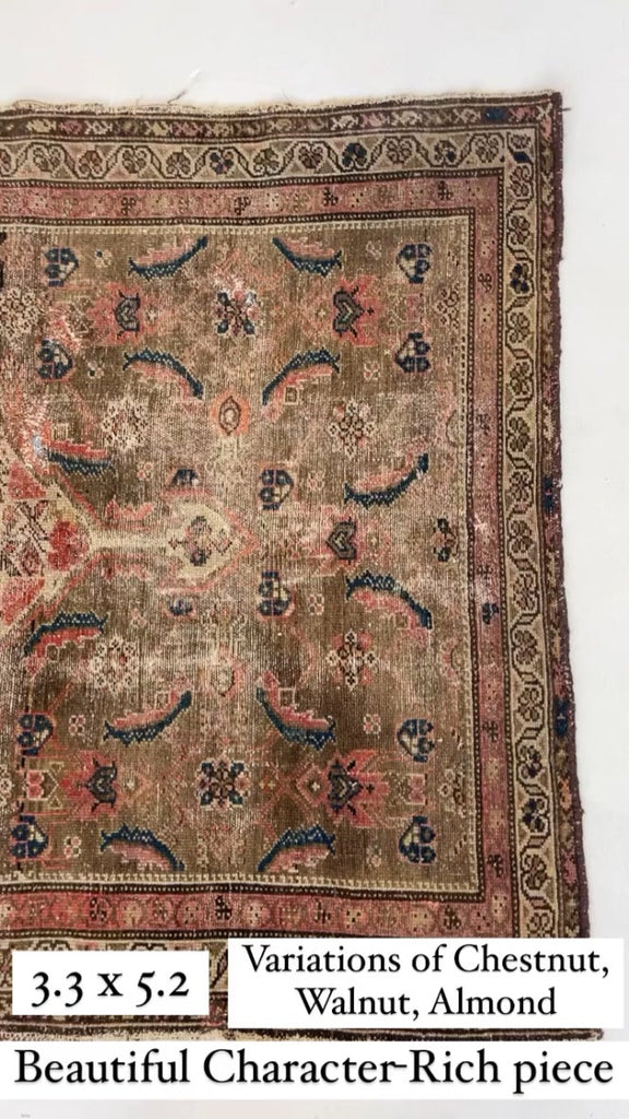 Muted & Earthy Antique Rug | Chestnut, Cashew, Almond & Walnut with Pinks & Blues | 3.3 x 5.2