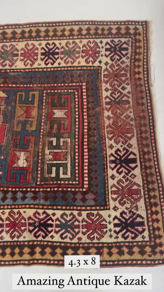 HANDSOME Antique Kazak Rug | Character-Rich with Iconic Fence of Protection Perimeter | 4.3 x 8