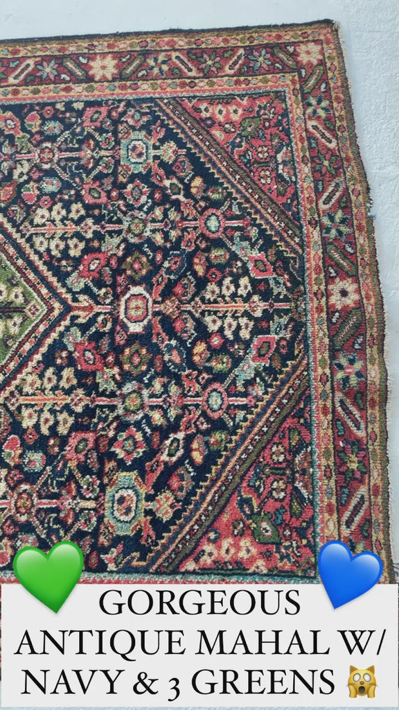 Unique Two-Toned Greens Antique Rug | Navy Lattice Design with Green Medallion | 4.9 x 6.5