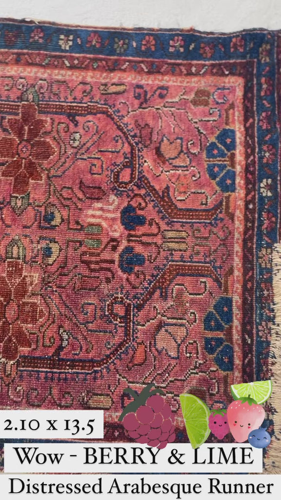 Coming Soon... GORGEOUS Character-Rich Berry Colored "Painted Sarouk" Antique Runner with LIME GREEN | 2.10 x 13.5