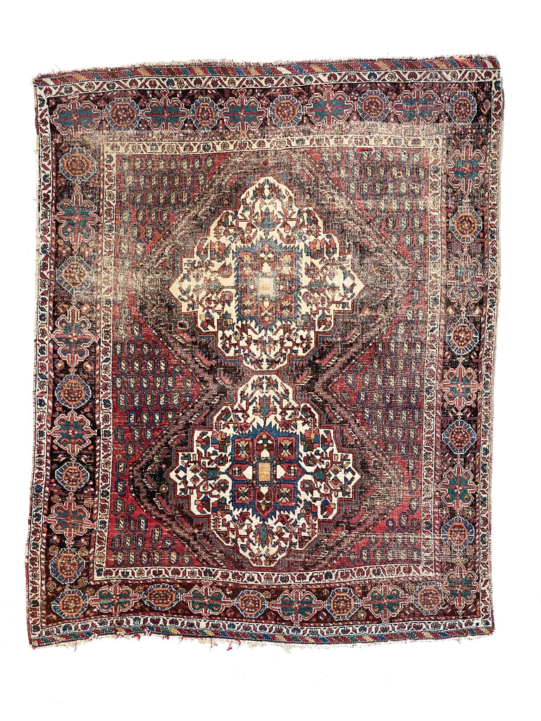 4.11 x 6.2  | GORGEOUS Worn Antique Afshar rug ; Unique Square size