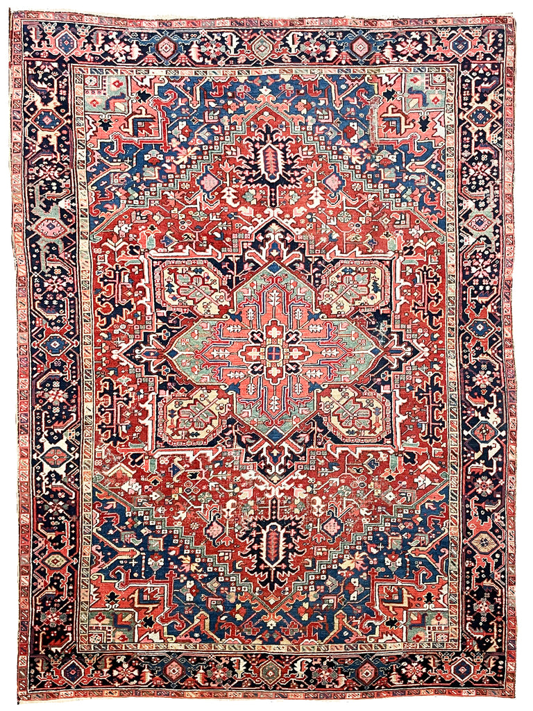 LOVELY Antique Rug with Deep Denim Corners, Corals, Salmon, Cloud-Blue | 8 x 11.2