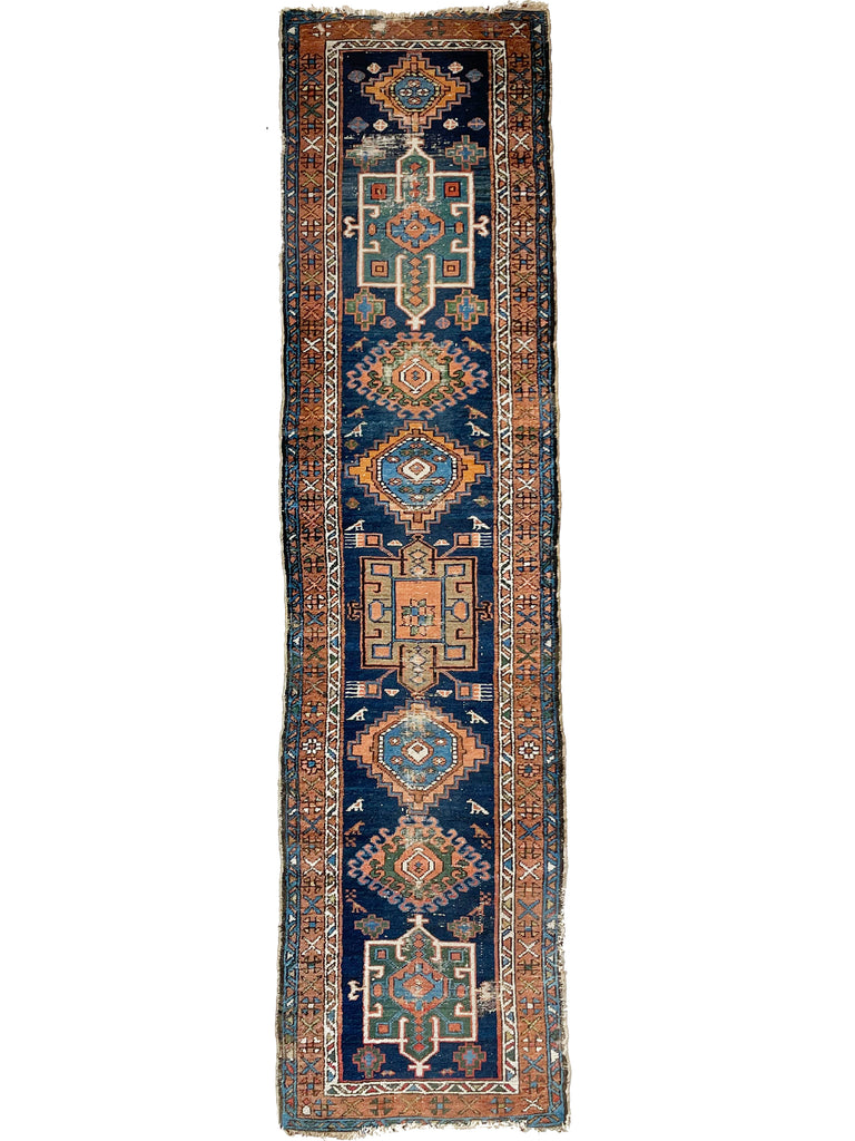 SOLD | INCREDIBLE Narrow Antique Runner | Northwest Tribal with Animals & CAMEL & GREEN Combo with Tangerine against Ink Indigo | 2.9 x 10.4