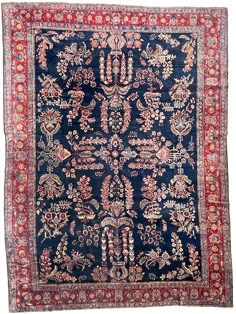 MOODY RALPH LAUREN Vibe Antique Sarouk | Botanical Velvety Wool with Deep Navy & Rich Red | 9.3 x 12.2