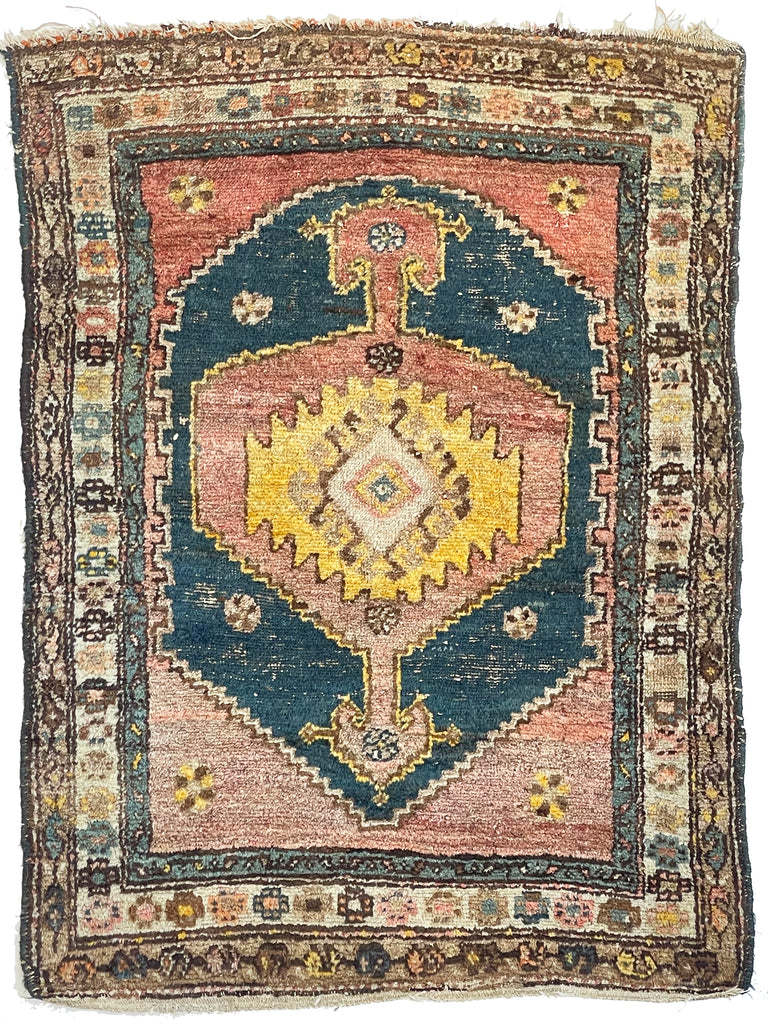 UNUSUAL Saffron & Midnight Blue Antique Kurdish Rug | Mystical Moody Tribal BEAUTY | 3.5 x 4.8