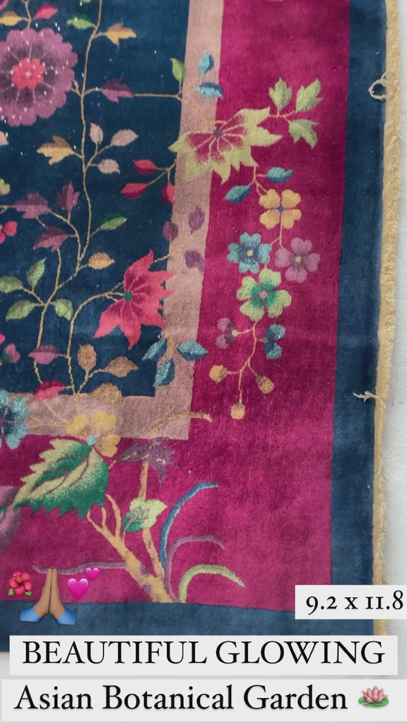 GLOWING Antique Art Deco Asian Botanical Garden | Magenta, Navy, Purple, Lime | 9.2 x 11.8