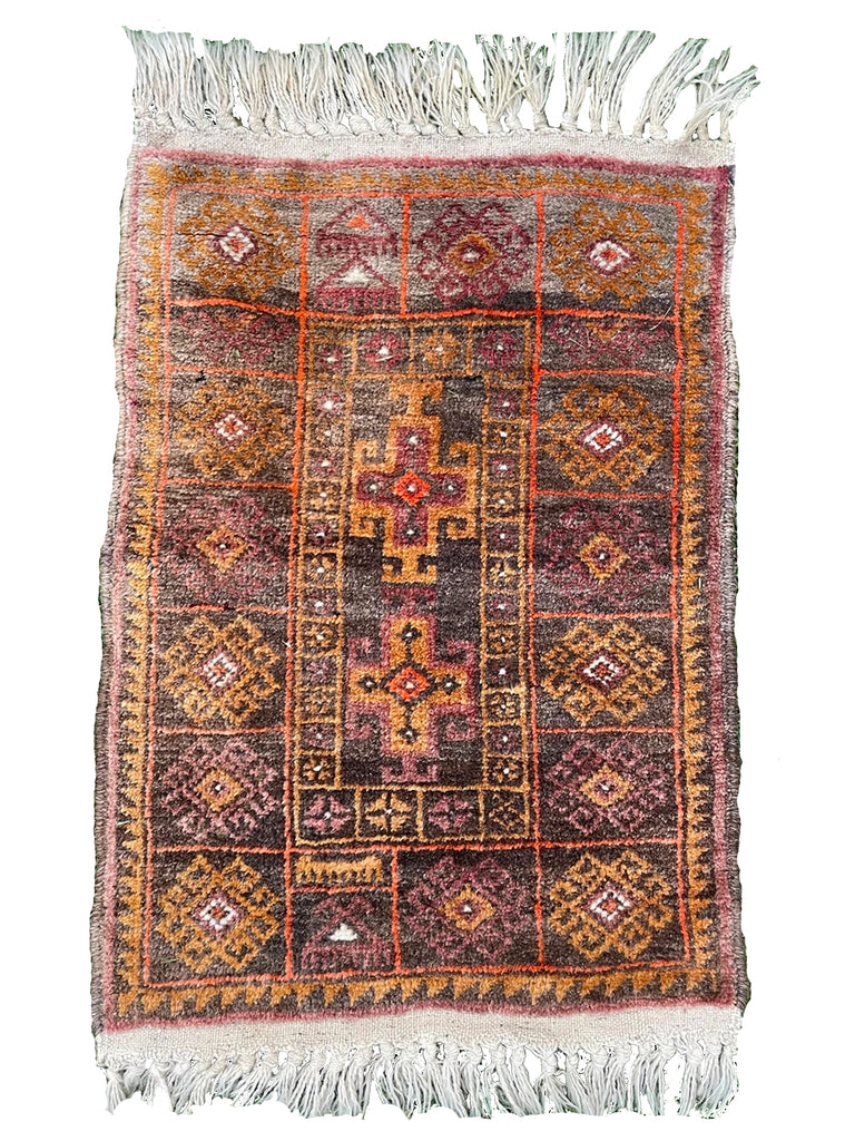 SOLD | Small Purple Tangerine and Smokey Charcoal Afghan Vintage Rug Mat | 1.6 x 2.4