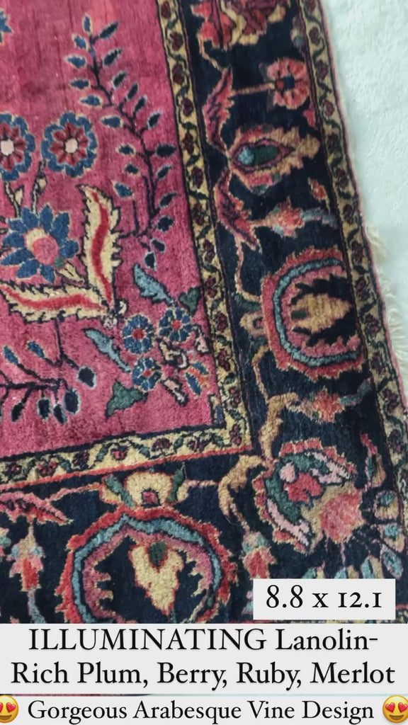 SOLD | ARTISTIC & MOODY Arabesque Antique Lilihan Sarouk | Variations of Plum, Peacock Blue, Caramel |  8.8 x 12.2