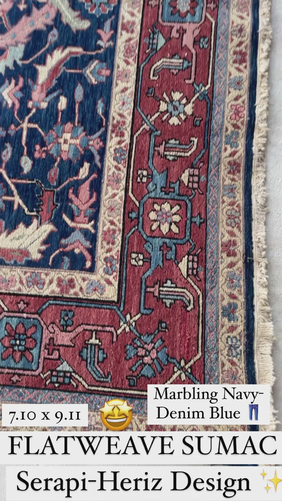 SOLD | BRILLIANT Vintage Flat-weave Sumac | Serapi-Heriz Design Marbling Midnight Blues with Seafoam & Pink | 7.10 x 9.11