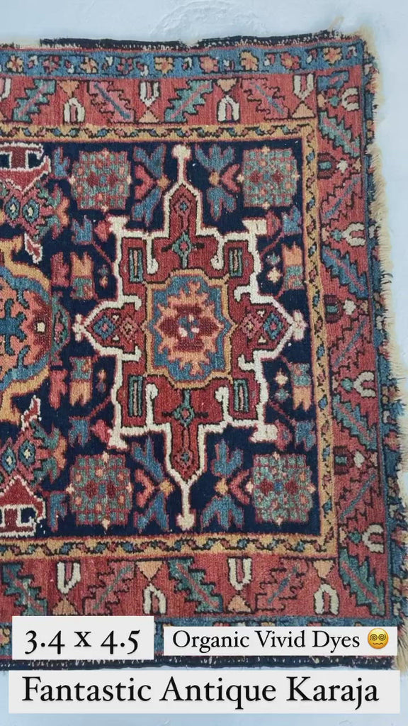 SOLD | MIGHTY Antique Persian Karaja | Deep Indigo with Vivid Greens, Marigold, Raw Honey, Yam, Teal, Rust | 3.4 x 4.5