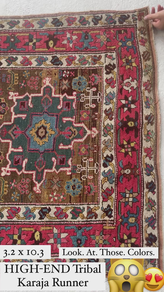 SOLD | RARE COLLECTOR'S PIECE - Antique Karaja Runner meets Karabagh Weave with Pastel & Jewel Tones | 3.2 x 10.3