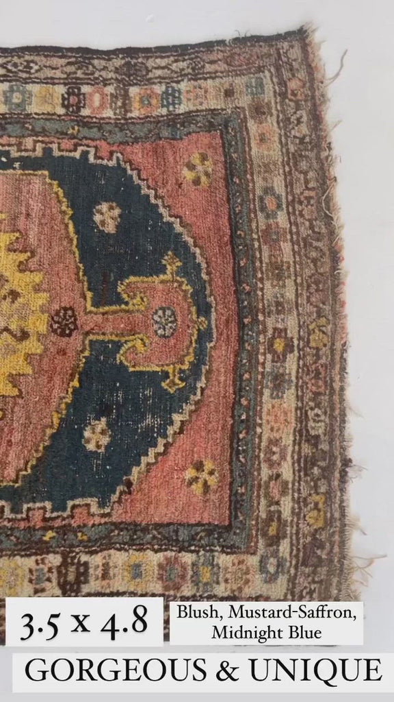 UNUSUAL Saffron & Midnight Blue Antique Kurdish Rug | Mystical Moody Tribal BEAUTY | 3.5 x 4.8
