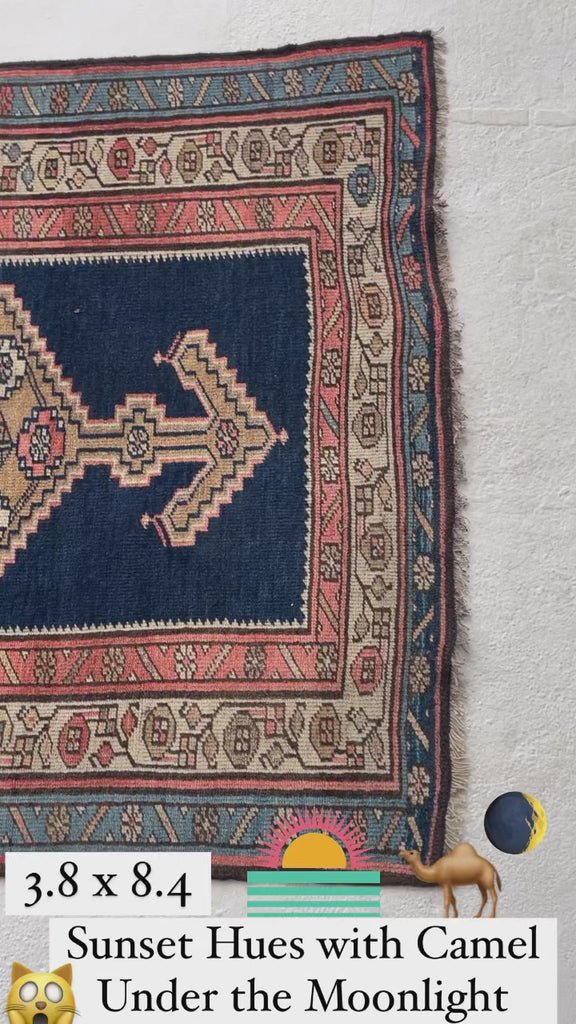 INCREDIBLE Kurdish Runner with Piercing Navy, Pinks, Salmon and Camel Hair Antique Runner | 3.8 x 8.4