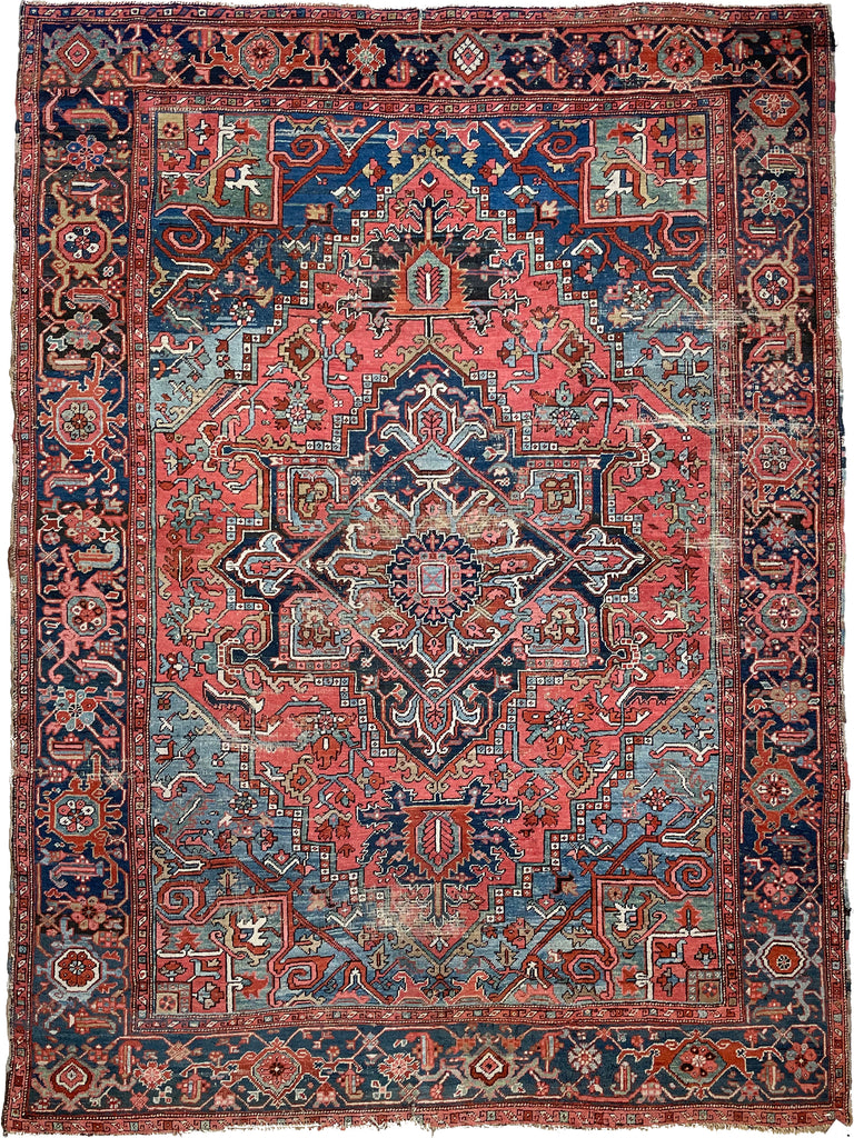 SOLD | SHOW-STOPPING Antique Heriz Rug | "The Most Gorgeous Online"|  Coral, Ice, Denim Tribal Masterpiece, C. 1910 | ~8.9 x 11