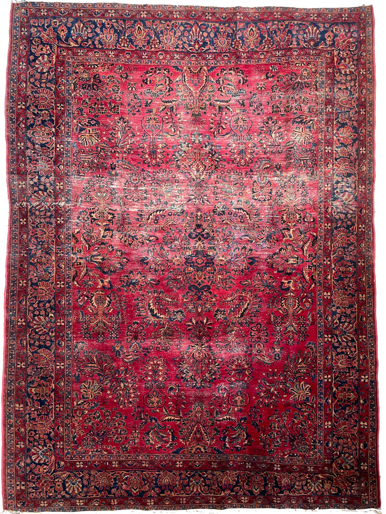 LOVELY Botanical Distressed Antique Persian Sarouk | Berry, Pomegranate, Sangria & more | 9 x 11.7