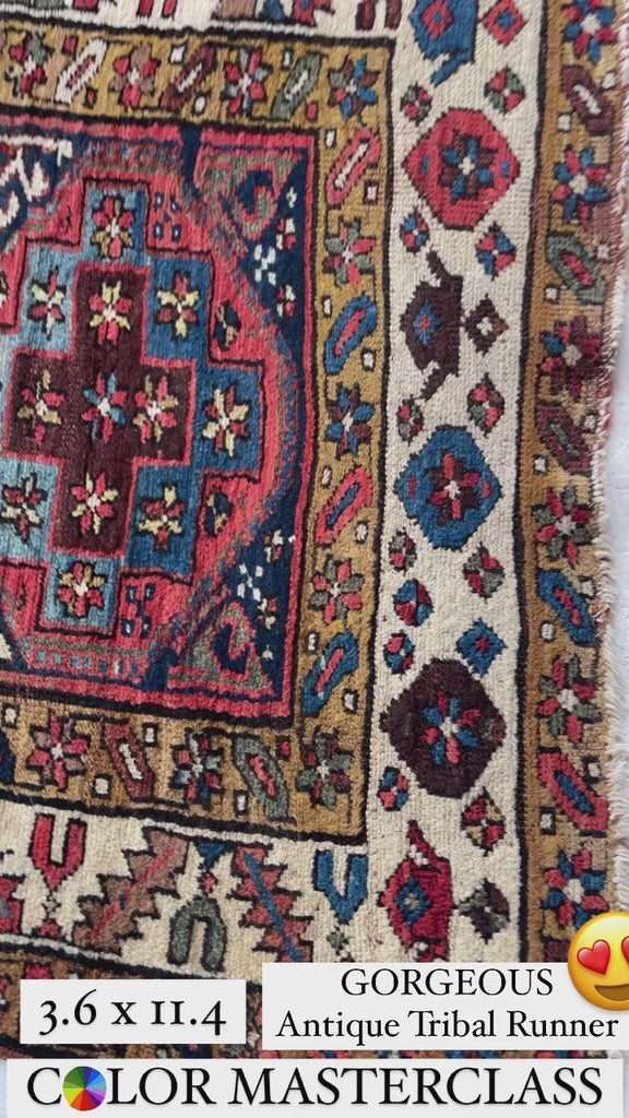COLOR MASTERCLASS Antique Tribal Runner | Greens, Blues, Camel, Pinks, Eggplant | 3.6 x 11.4