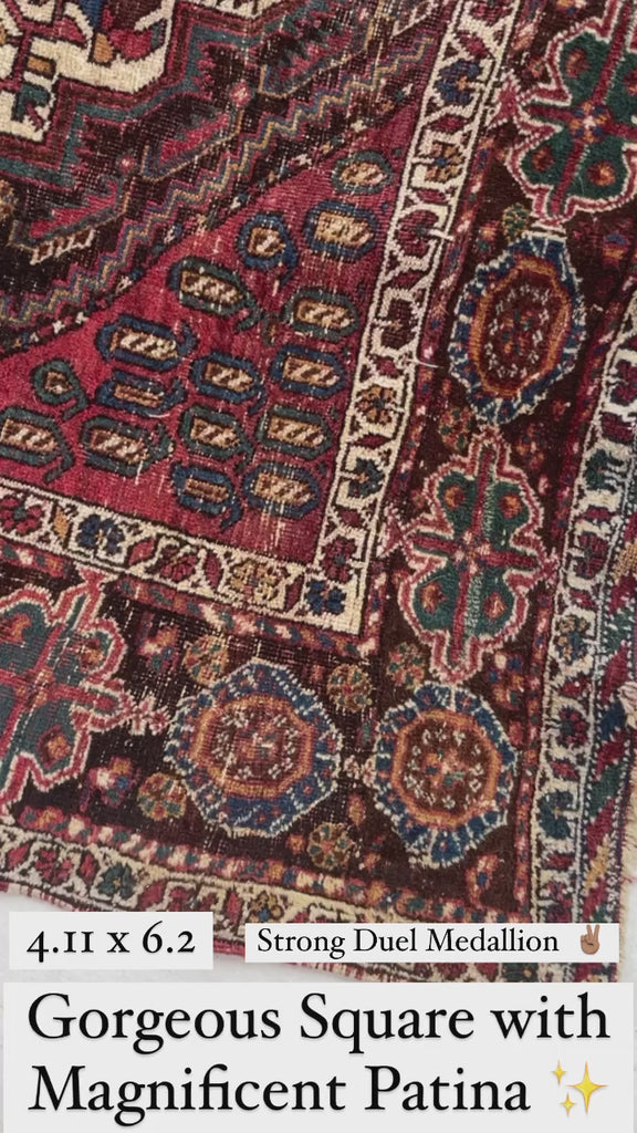 4.11 x 6.2  | GORGEOUS Worn Antique Afshar rug ; Unique Square size