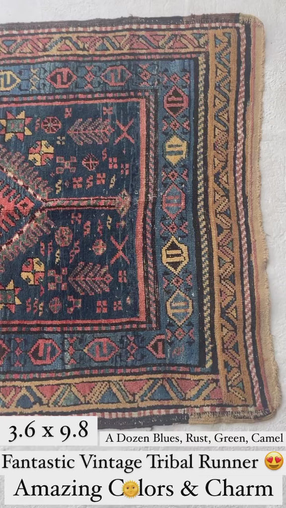 RESERVED FOR NANCY & JOE***  CHARMING Vintage Tribal Runner | Marbling Midnight Blue, Rust, Camel, Green | 3.6 x 9.8