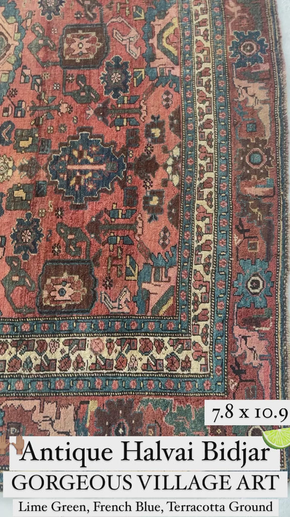 "What You Seek is Seeking You" - RUMI | MYSTICAL Mint Condition Villlage Carpet Antique Halvai Bidjar | Vivid Dyes with Rare Lime Green | 7.8 x 10.9
