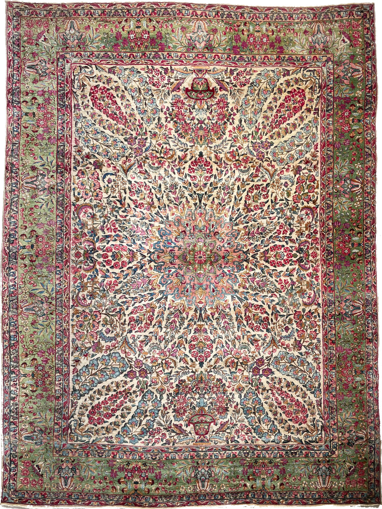 SOLD | MAGICAL Botanical Antique Kerman Lavar | Two-Toned GREEN Border with Purples & Beyond | 8.11 x 11.7