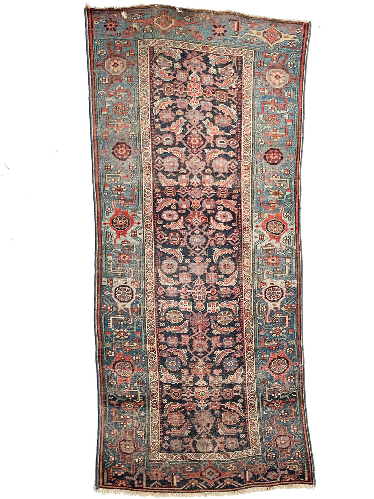 RARE Halvai Raw & Sophisticated Wide Antique Runner with 10 Different Blues in Water Garden Pattern | 4.2 x 8.10