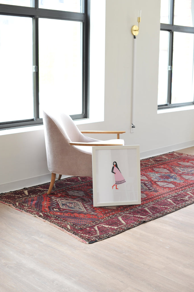 4.11 x 10.8 | Vintage 1940's Wool Shiraz Tribal rug in Berry, Rust, Plum, Purple, Lilac
