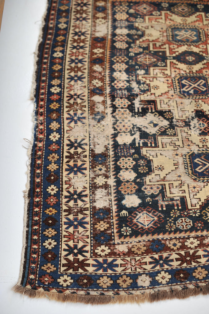 3.9 x 4.8 | Incredible Distressed Antique Caucasian Rug | Caleb