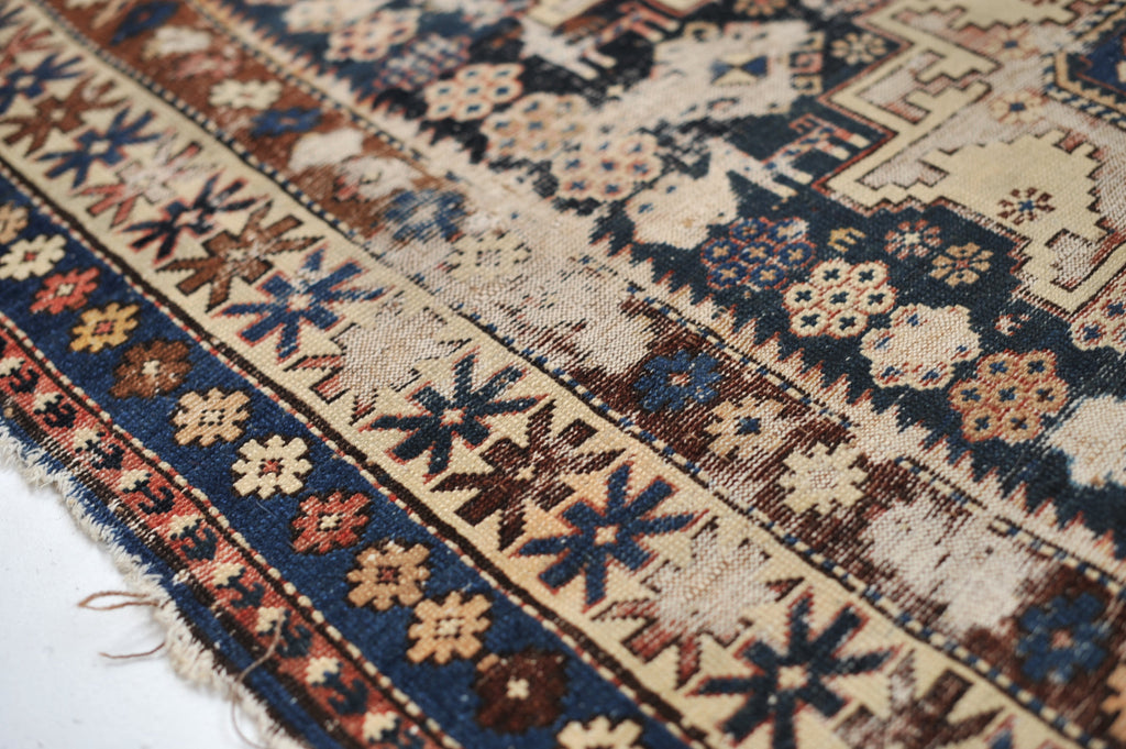 3.9 x 4.8 | Incredible Distressed Antique Caucasian Rug | Caleb