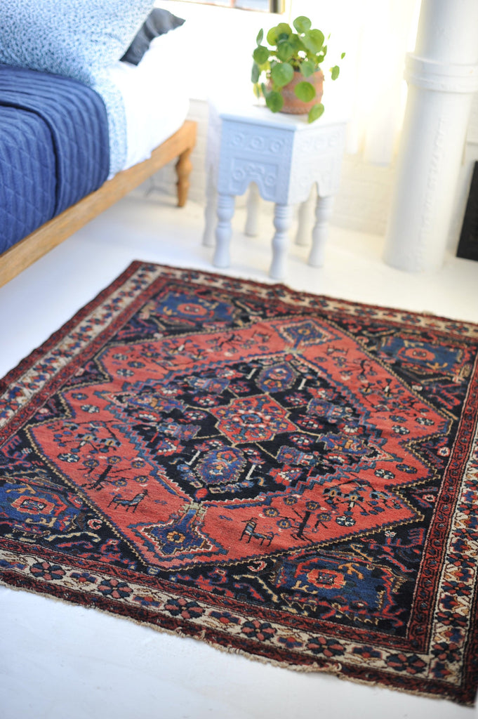 4.8 x 5.9 | Fantastic Deep WATERMELON Squarish Tribal Antique Rug | Leon