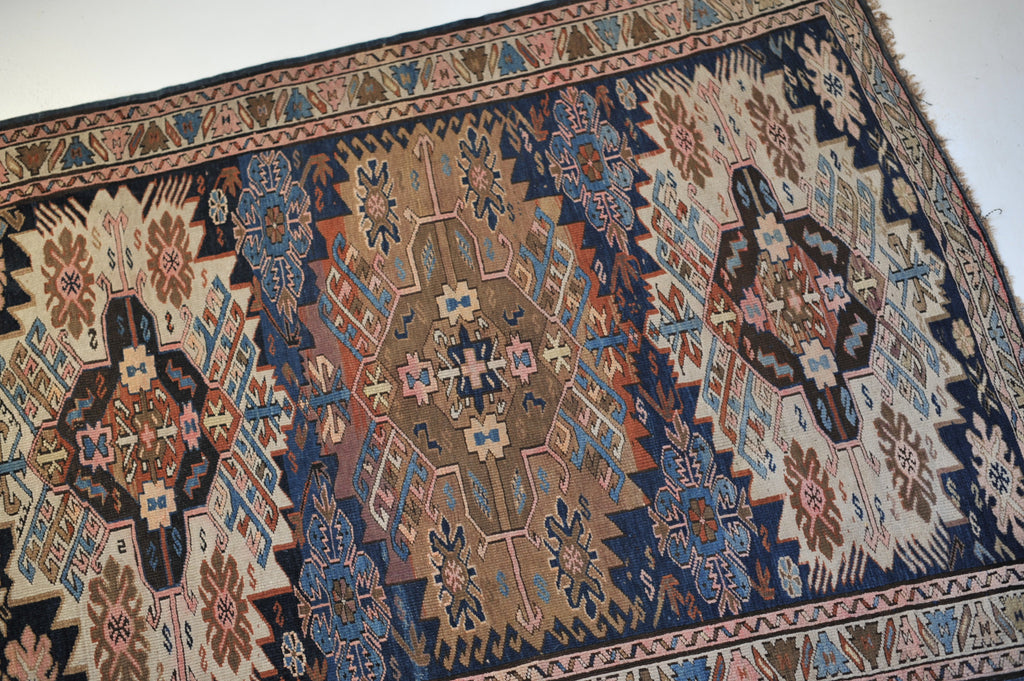 3.9 x 4.5 | High-End Antique Masterpiece Navy an Camel Caucasian Zewja Kuba Rug | Zollie