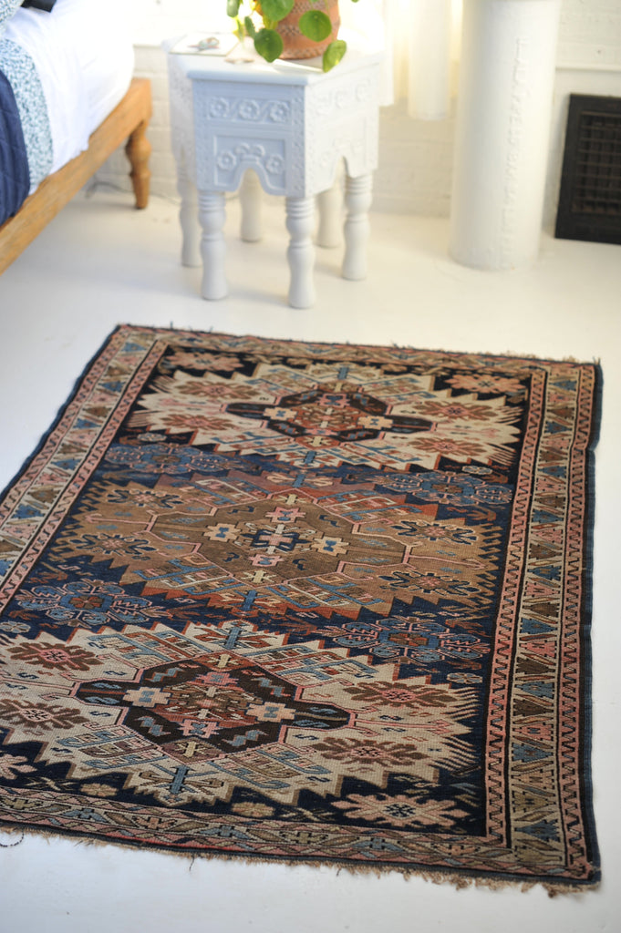 3.9 x 4.5 | High-End Antique Masterpiece Navy an Camel Caucasian Zewja Kuba Rug | Zollie
