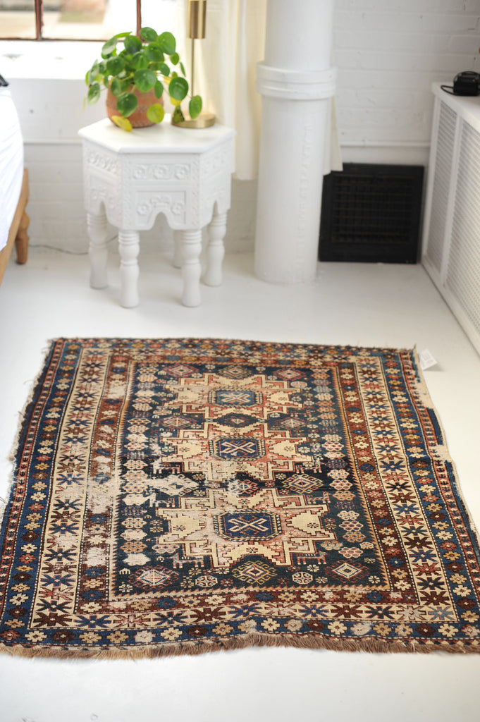 3.9 x 4.8 | Incredible Distressed Antique Caucasian Rug | Caleb
