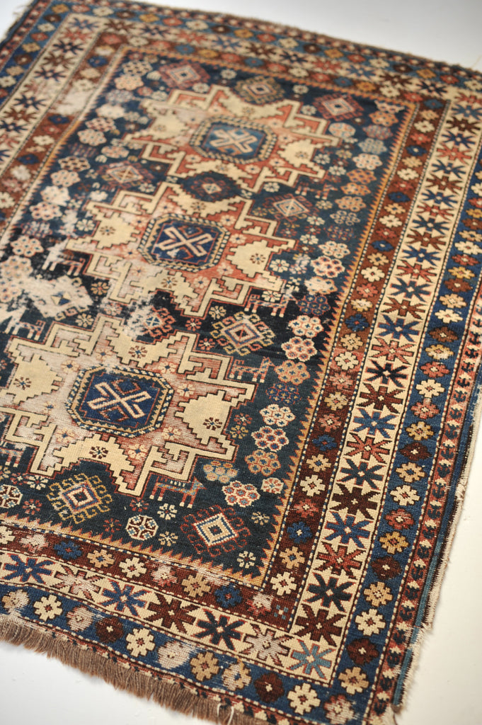 3.9 x 4.8 | Incredible Distressed Antique Caucasian Rug | Caleb
