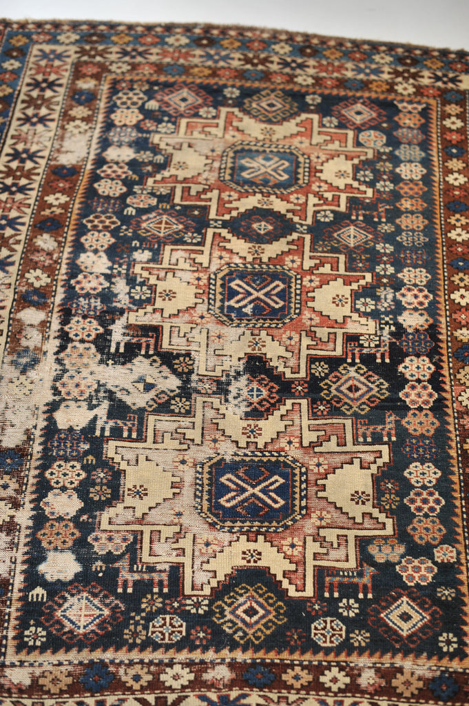 3.9 x 4.8 | Incredible Distressed Antique Caucasian Rug | Caleb