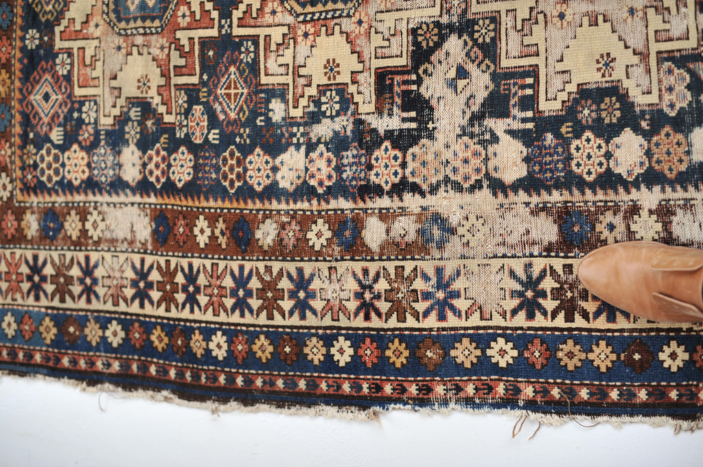 3.9 x 4.8 | Incredible Distressed Antique Caucasian Rug | Caleb