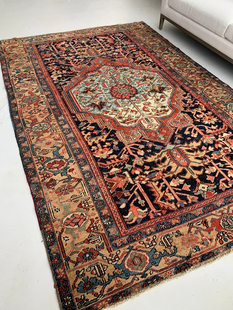 GORGEOUS Antique Heriz Rug | Rare Camel Navy Combo with Unique Medallion | 6.8 x 10.5